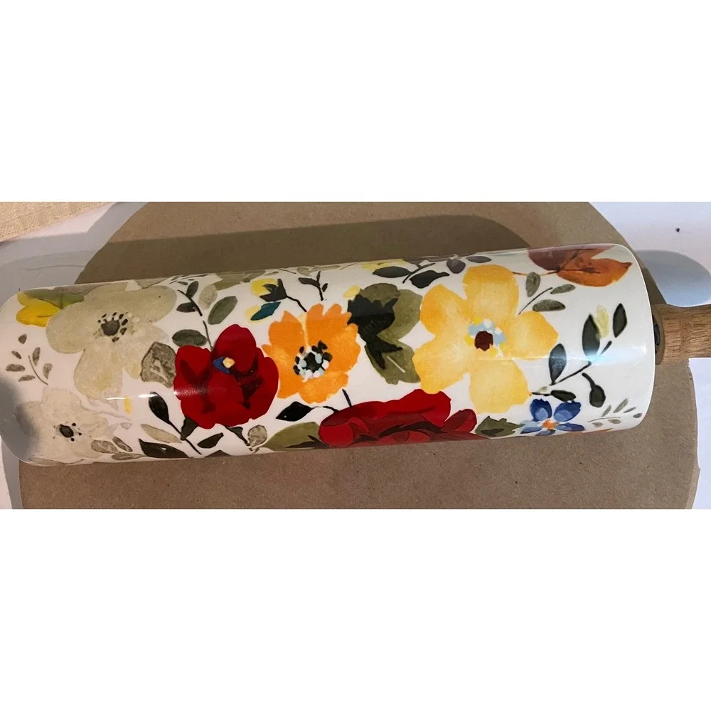 Pioneer Woman RETIRED ceramic Rolling Pin Fall Flowers Autumn Harvest Floral